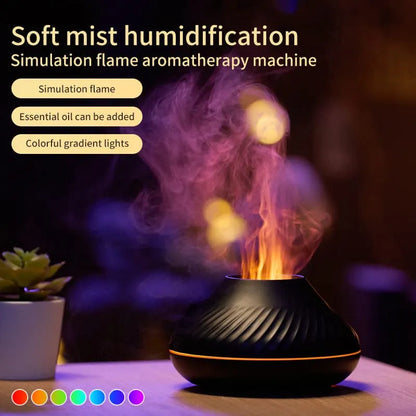 Beige volcanic flame aroma diffuser with LED lighting and mist output on wooden surface