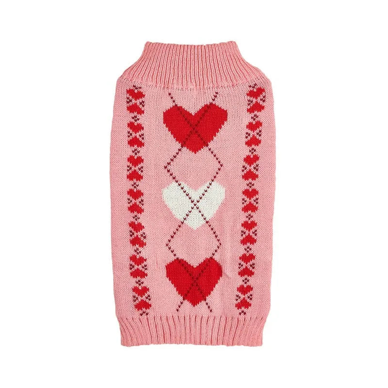 Red love heart pattern dog sweater with pink bow decoration on small dog