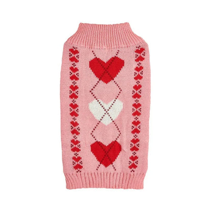Red love heart pattern dog sweater with pink bow decoration on small dog
