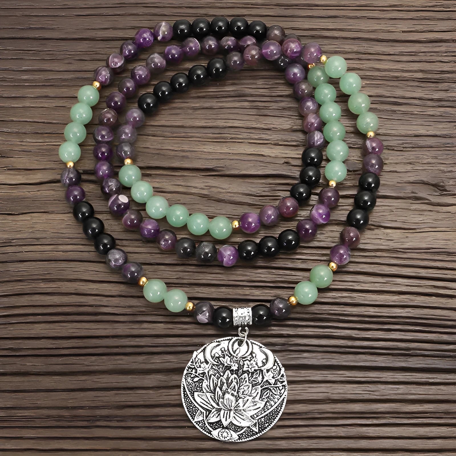 Long yoga necklace with geometric lotus pendant and stone beads, matching bracelet, adjustable 51-80cm chain