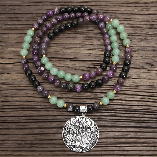 Long yoga necklace with geometric lotus pendant and stone beads, matching bracelet, adjustable 51-80cm chain
