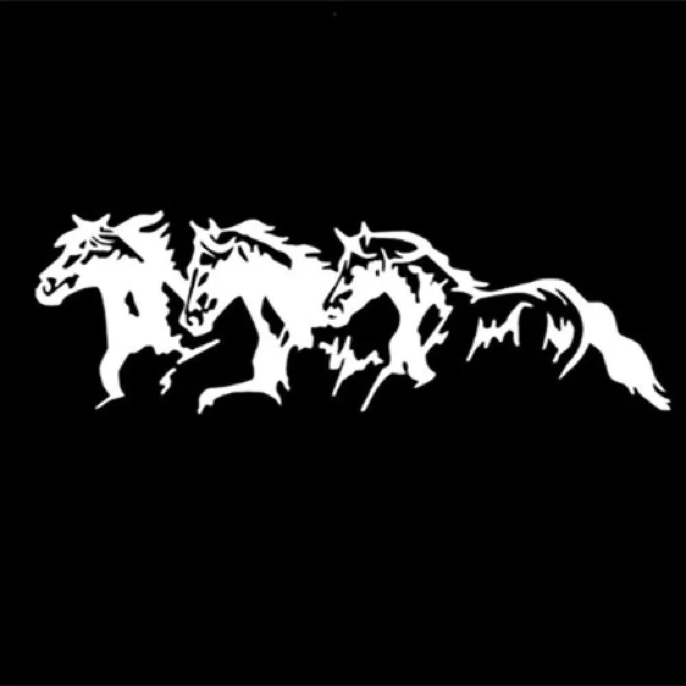 Three horses car sticker vinyl decal measuring 25cm by 8cm in black, white, red, and blue colours