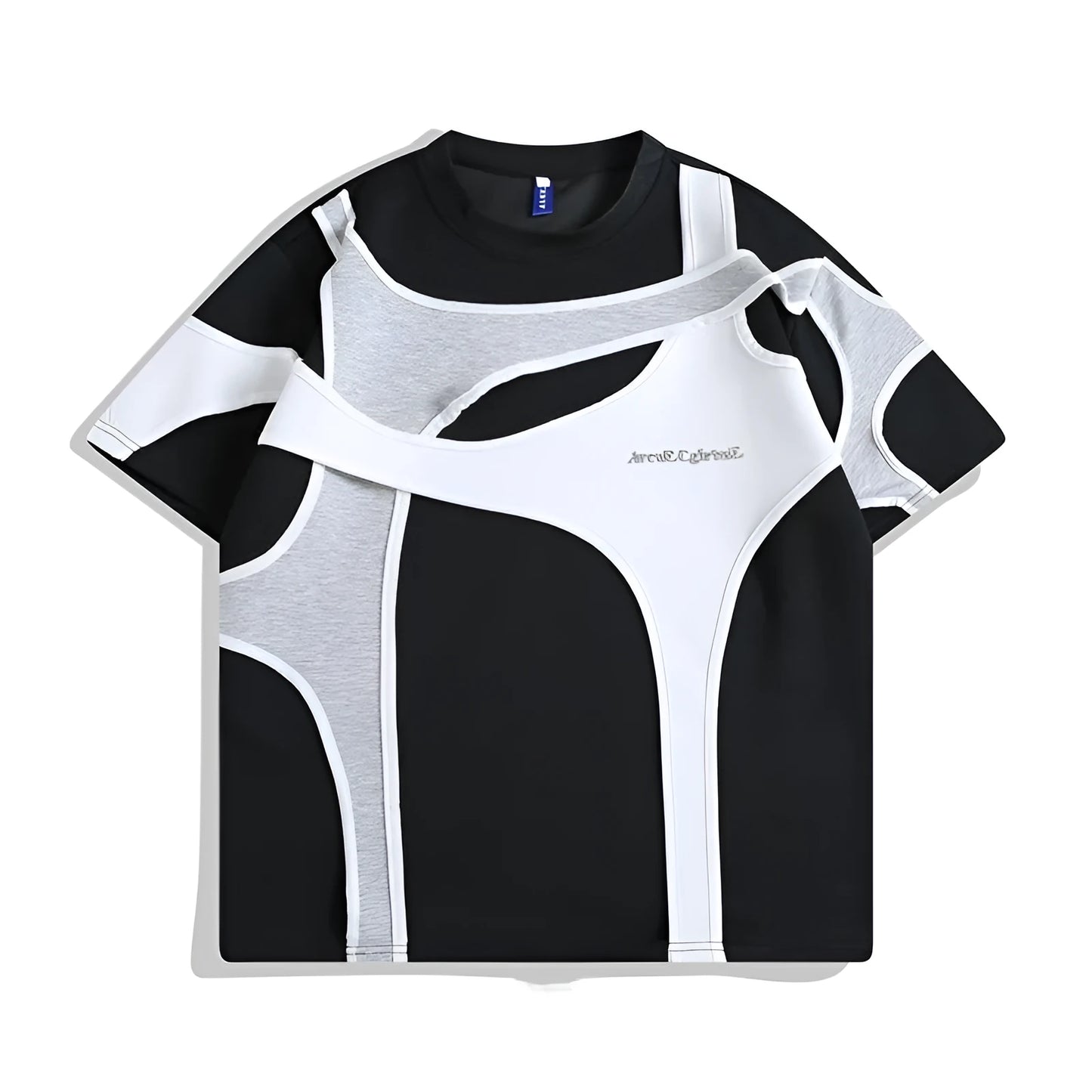 Black and white loose fit short sleeve t-shirt with double stitching and padded shoulder design