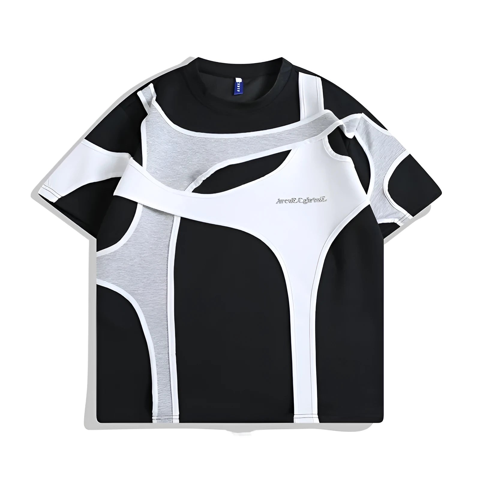 Black and white loose fit short sleeve t-shirt with double stitching and padded shoulder design