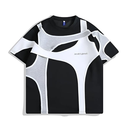 Black and white loose fit short sleeve t-shirt with double stitching and padded shoulder design