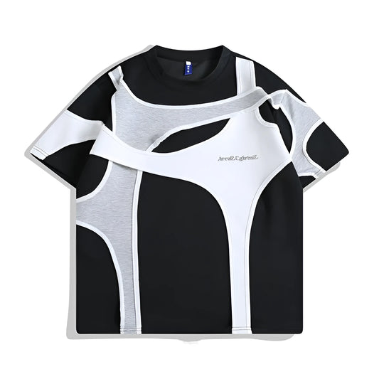 Black and white loose fit short sleeve t-shirt with double stitching and padded shoulder design