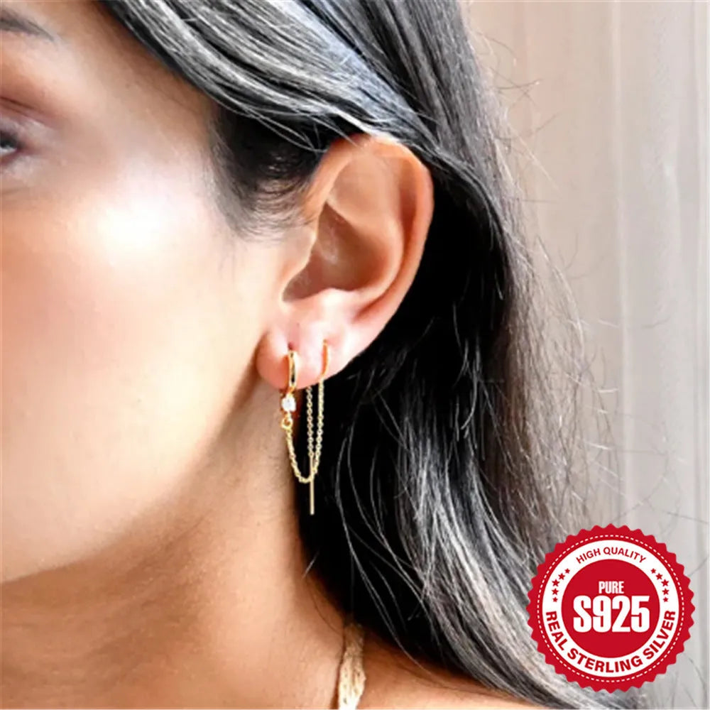 S925 sterling silver geometric ear clip stud earrings with flower and tassel elements in golden colour