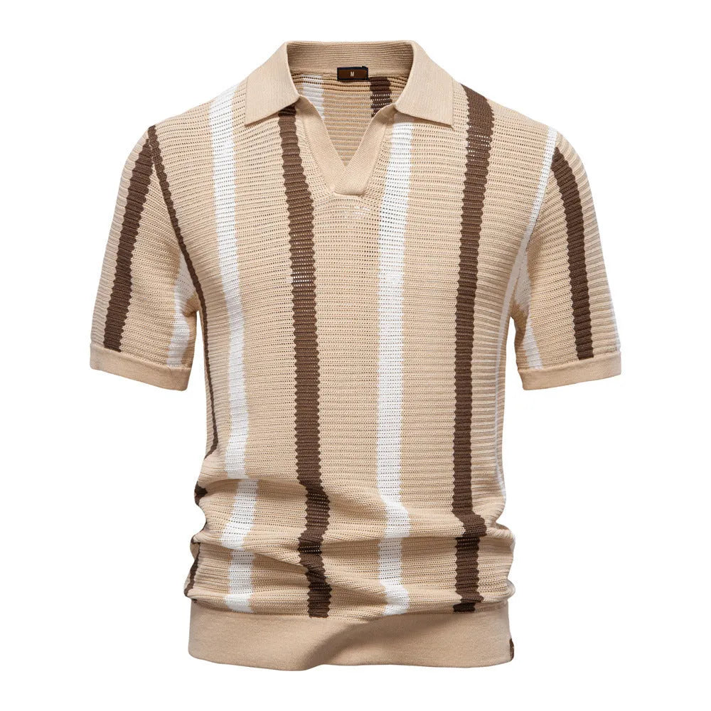 Men's breathable hollow fabric short-sleeved polo shirt with stripes in light blue colour.