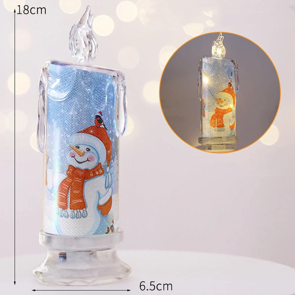 Transparent electronic Christmas candle showing house, snowman and bear designs, 18cm height