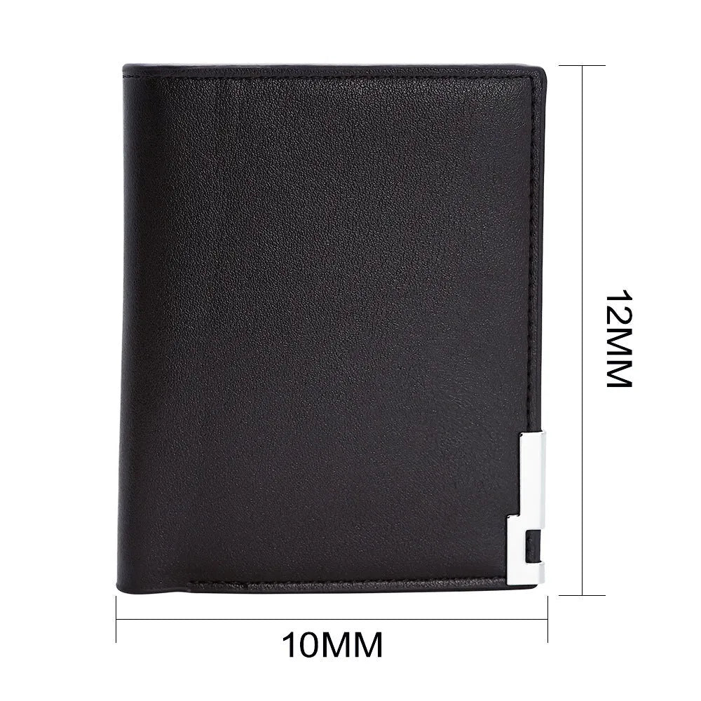 Men's brown leather wallet with a zip closure, presented in individual packaging.