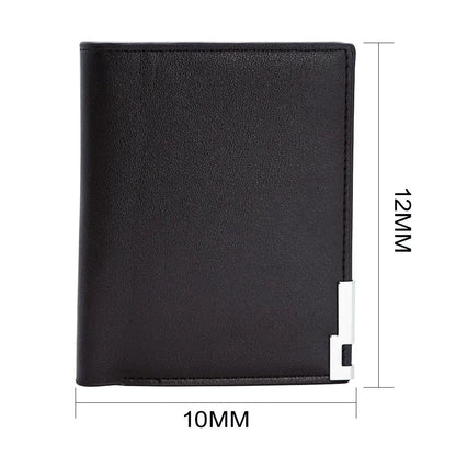 Men's brown leather wallet with a zip closure, presented in individual packaging.
