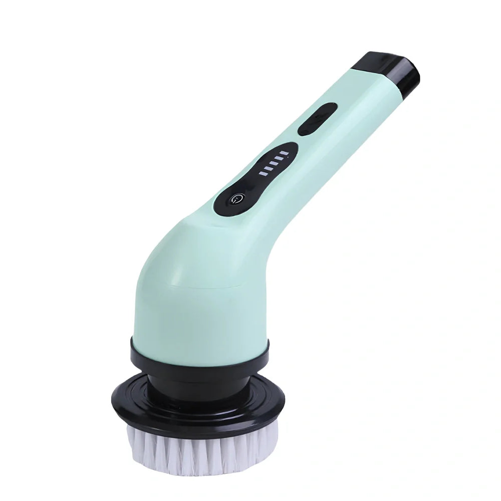 Handheld electric cleaning brush with rotating heads in white or green colours