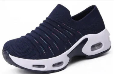 Women's fly-knit stretch socks shoes in dark blue with mesh upper and low heel