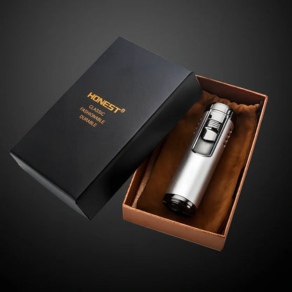 Zinc alloy cylindrical cigar lighter with four-straight flame design in choice of five colours