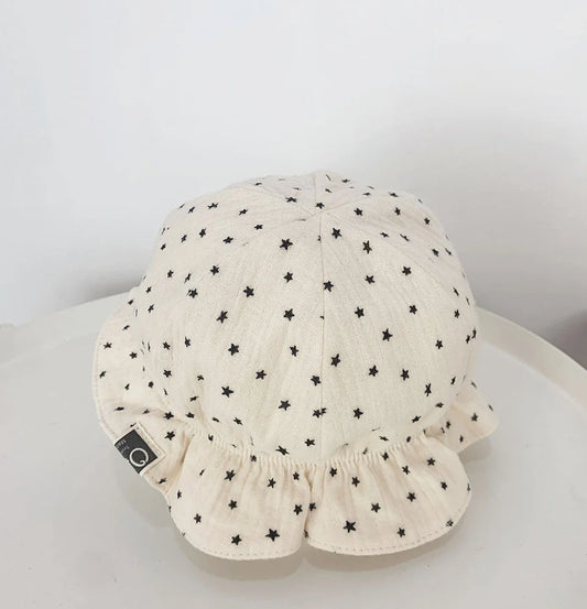 Double polka dot baby sun hat with short brim in linen blend fabric for infants 1-8 months