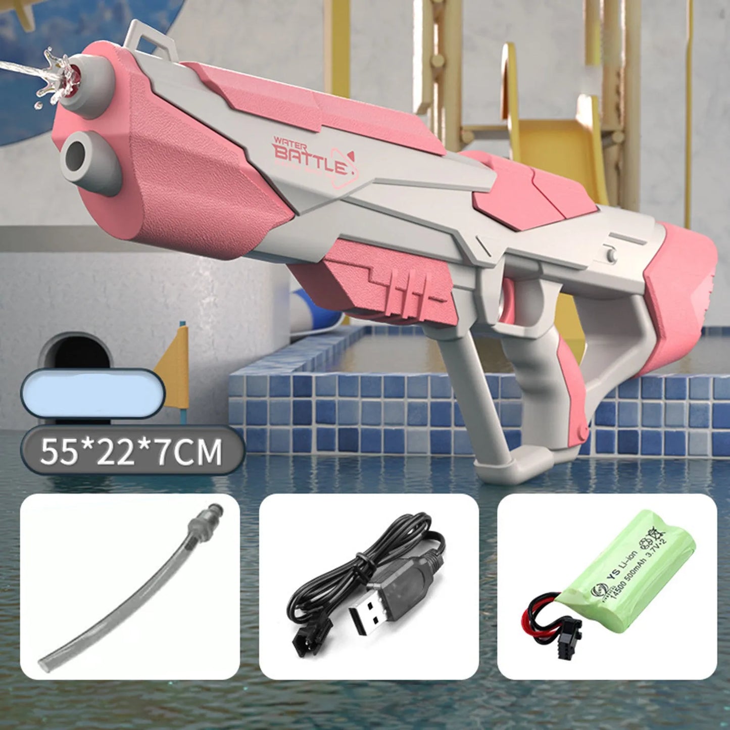 Blue automatic electric water gun with USB charging port and anti-skid grip handle.