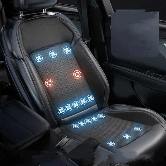 Black car seat cooling pad with minimalist design and a power cable for 12V/24V socket connection.