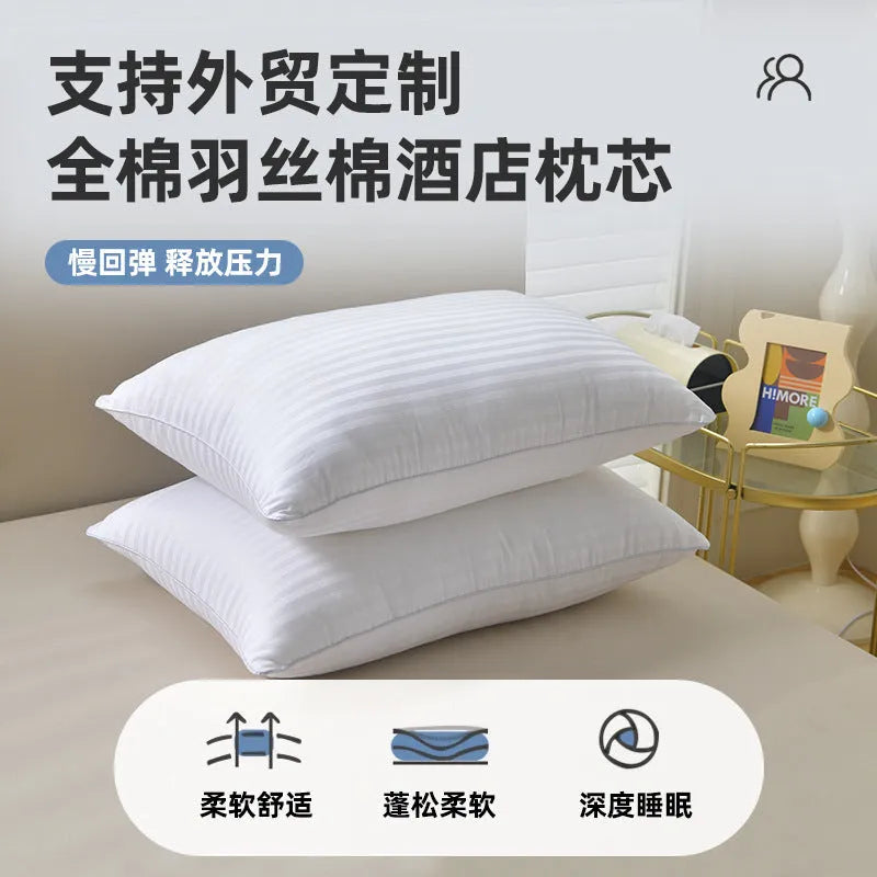 White cotton satin stripe pillow with feather-cotton filler in 900g, 1000g, or 1100g weights and 45x65cm, 48x74cm, 50x80cm sizes
