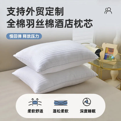 White cotton satin stripe pillow with feather-cotton filler in 900g, 1000g, or 1100g weights and 45x65cm, 48x74cm, 50x80cm sizes