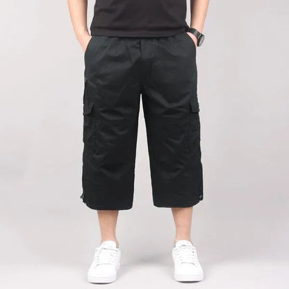 Men's cotton cropped casual pants in loose fit showing khaki colour option