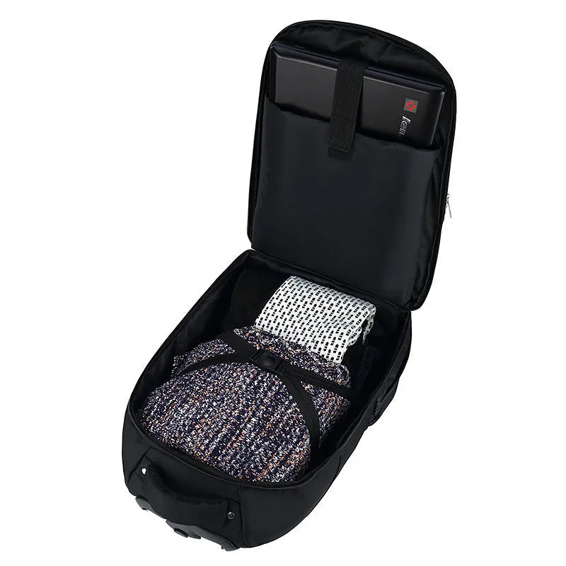 Black 18-inch business travel backpack trolley bag with letter pattern and shoulder straps