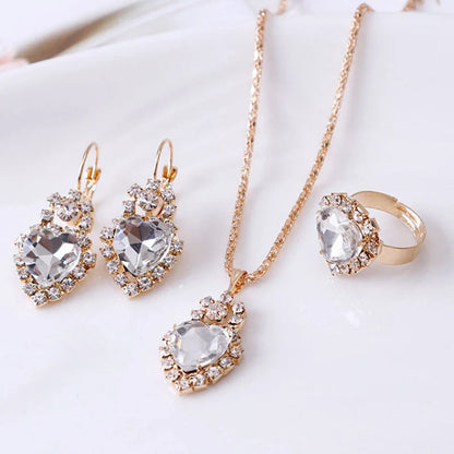Elegant water drop rhinestone necklace, earrings, and ring set in various colors