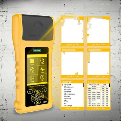 Autool BT760 vehicle battery tester with colour screen, clips, and thermal printer for 12V/24V diagnostics