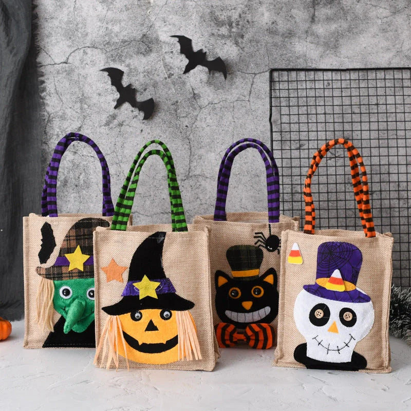 Funny Halloween Candy Tote Bag for Kids featuring witch, skull, and pumpkin designs