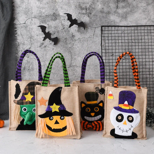 Funny Halloween Candy Tote Bag for Kids featuring witch, skull, and pumpkin designs