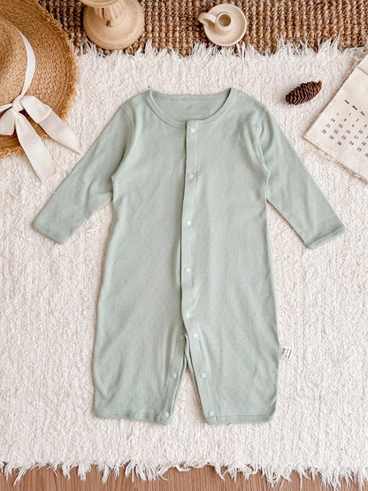 Pure cotton baby romper in blue with long sleeves and single-breasted closure, showing long climbing style design