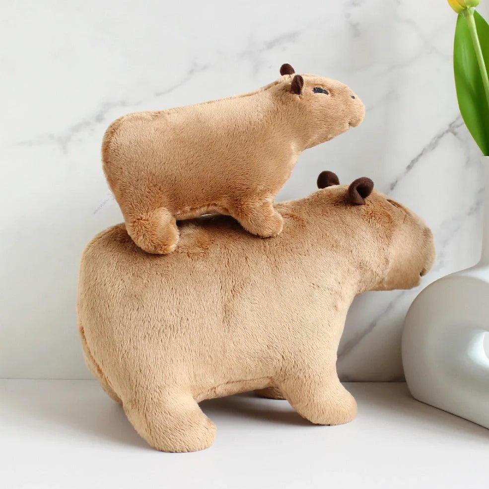 Capybara plush toy with super soft short plush fabric in blue, grey, pink, and brown colour options