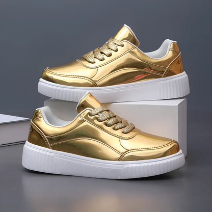 Rose gold and gold sequin platform sneakers with thick soles and round toe on a white background.