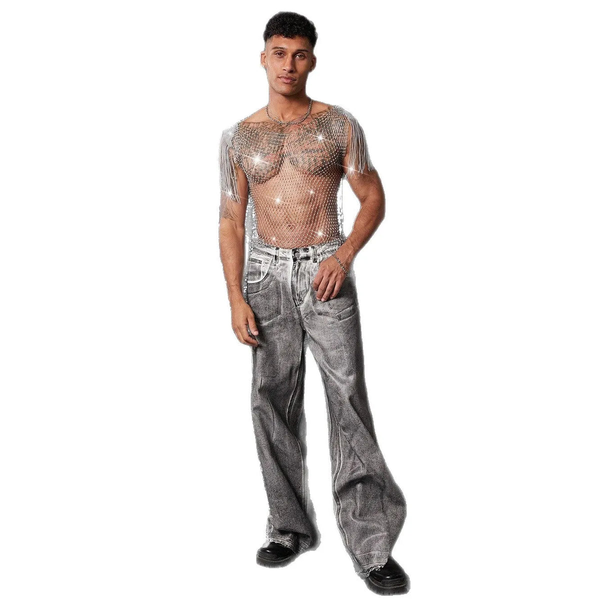 Grid rhinestone fishnet vest in dyed silver see-through nylon, loose fit, sizes S to XL