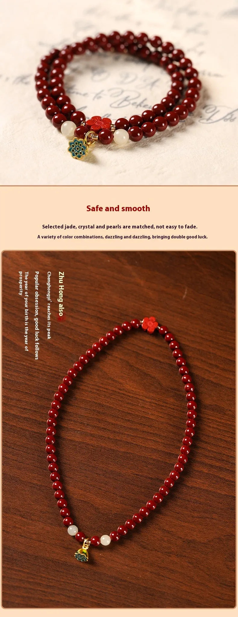 Close-up of a hand-woven purple gold cinnabar bead bracelet with a lotus seedpod charm.