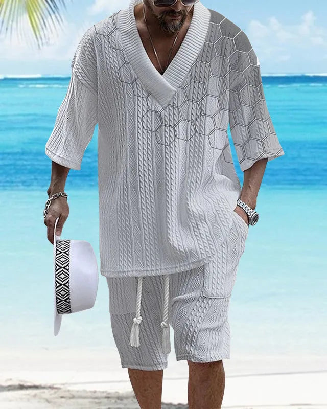 Printed drop-shoulder men's knitted shorts suit in polyester blend, short sleeves and shorts, colour options TH01-362 to TH01-366