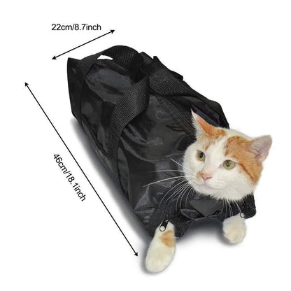 Black cat grooming restraint bag made from 420D PU Oxford fabric, shown open and folded.