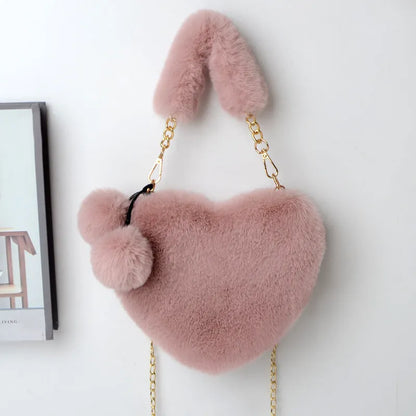 Women's soft plush heart-shaped handbag with shoulder strap in multiple solid colours