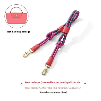 Braided rope shoulder strap with alloy hardware in silver or gold finish options
