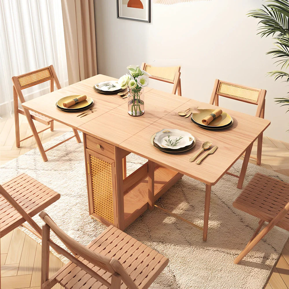 Natural rattan folding dining table extended to 145cm length with wood frame