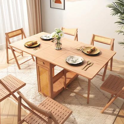 Natural rattan folding dining table extended to 145cm length with wood frame