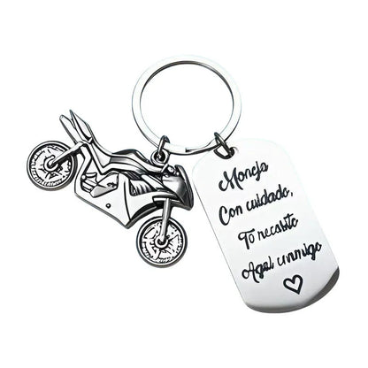 Stainless steel minimalist motorcycle keychain in a flannel gift bag.