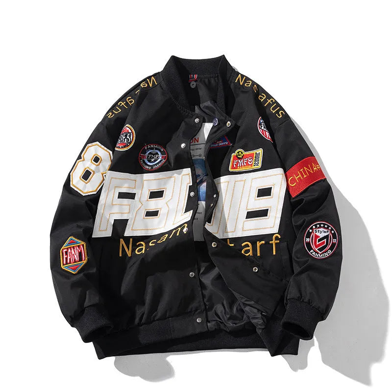 American motorcycle baseball uniform jacket with removable hood and side seam pockets in black colour
