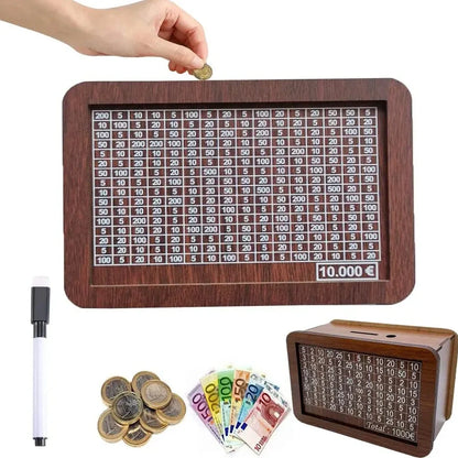 Wooden piggy bank with coin counter and side opening mechanism measuring 20cm