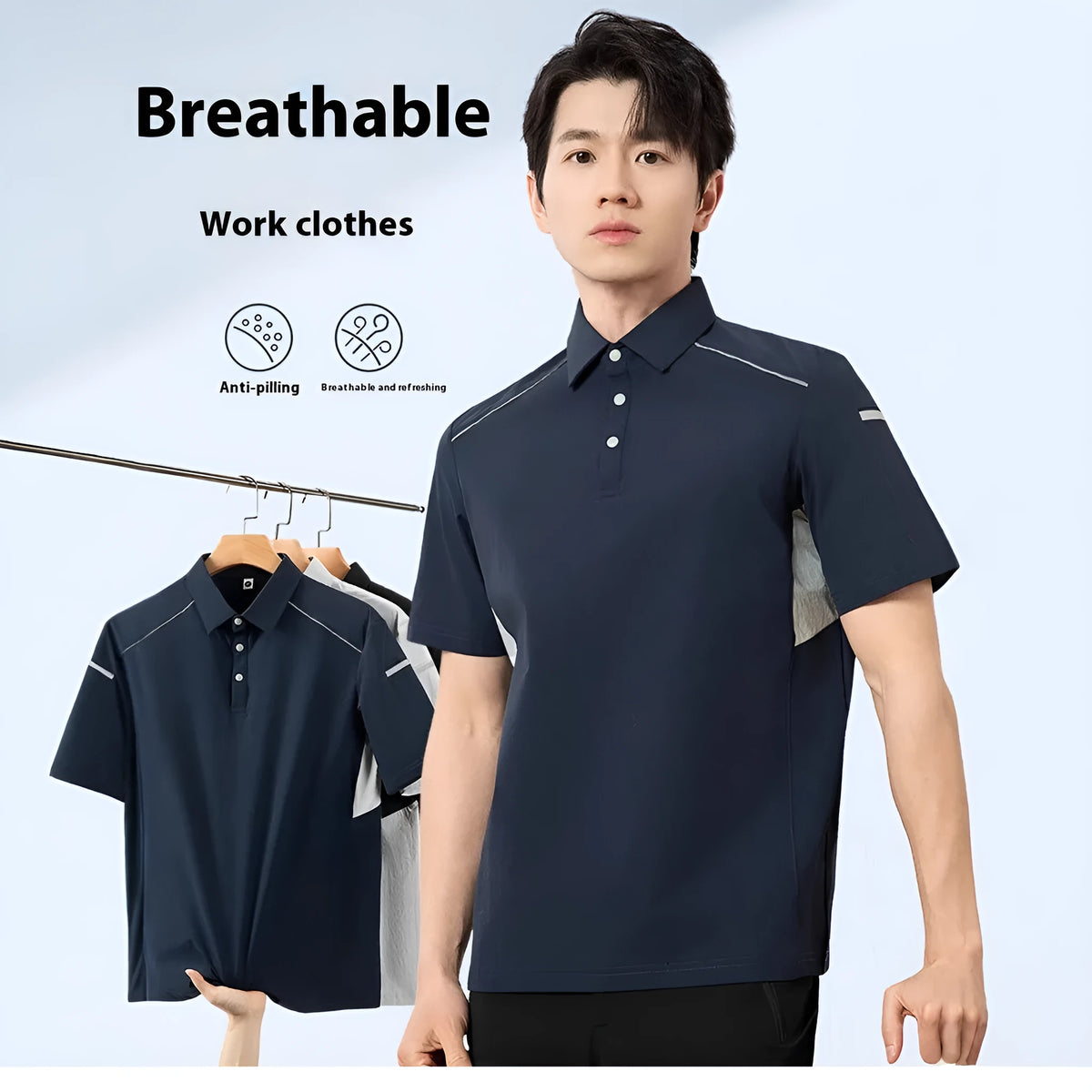 Silver white gray work t-shirt with short sleeves featuring ice feeling quick-drying technology