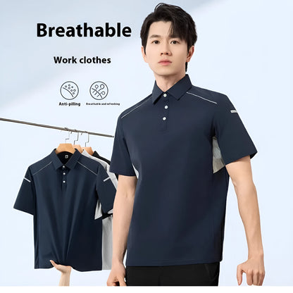 Silver white gray work t-shirt with short sleeves featuring ice feeling quick-drying technology