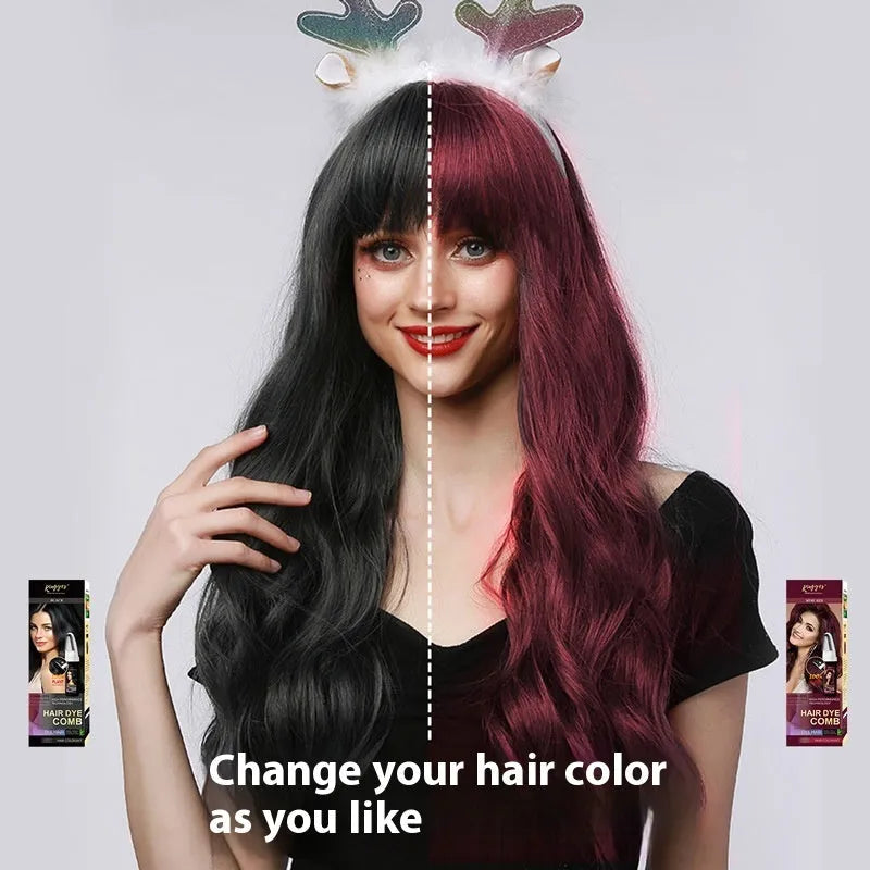 Hair colouring comb kit with 200ml bottle and attached applicator in brown, wine red or dark brown.