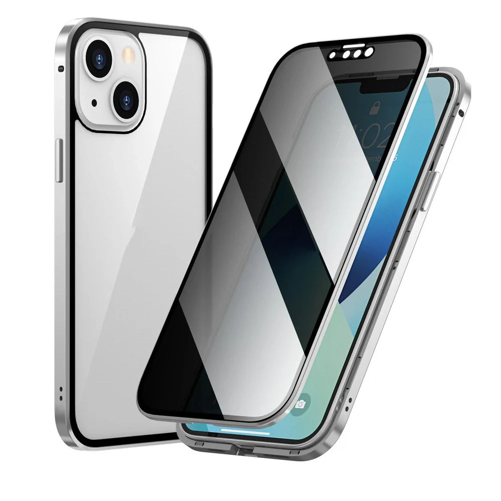 Fashion Personality Magneto Glass Metal Phone Case showing double-sided explosion-proof glass and metal frame for iPhone protection