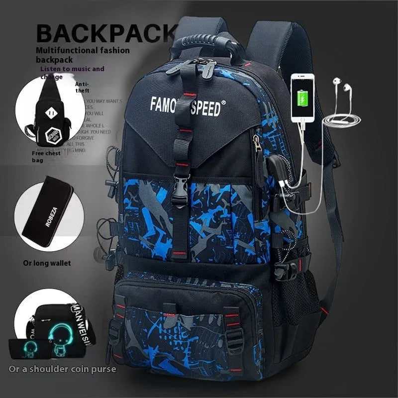 Men's black waterproof Oxford cloth hiking backpack with air pillow shoulder straps showing 56-75L capacity