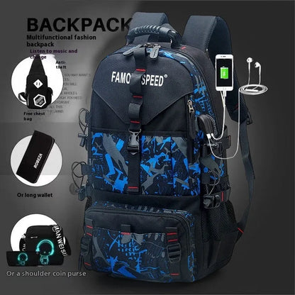 Men's black waterproof Oxford cloth hiking backpack with air pillow shoulder straps showing 56-75L capacity