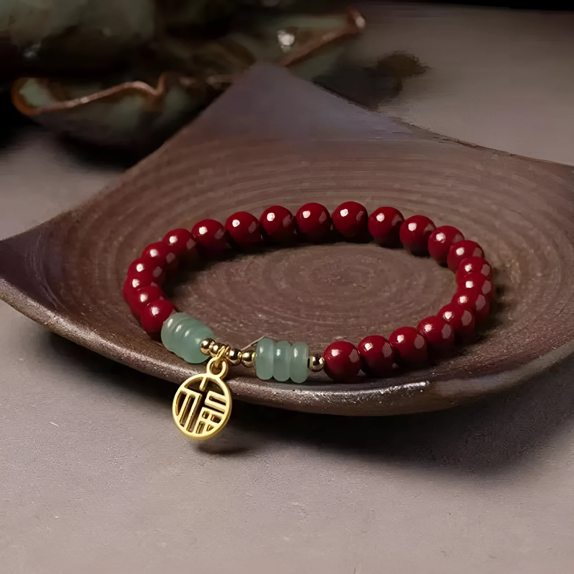 Handmade gold cinnabar wave bracelet with copper beads in national style.
